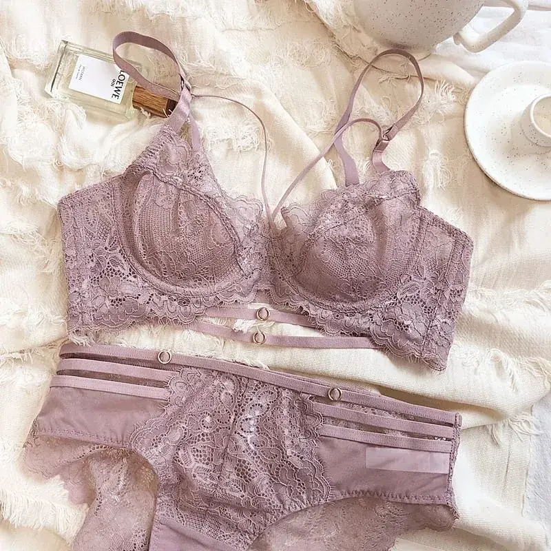 2 Pieces Sexy Hollow Push Up Bra Set French Lace Embroidery Underwear para sa mga Babae Summer Ultra Manipis Breathable Intimates Lingerie