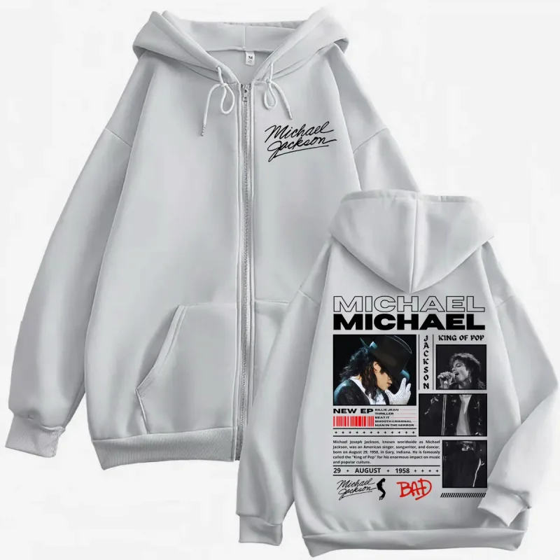 Singer Michael Jackson Classics Zipper Hoodies Rock Fashion Vintage Zip Up Pullovers Men Women Casual Long Sleeve Sweatshirts