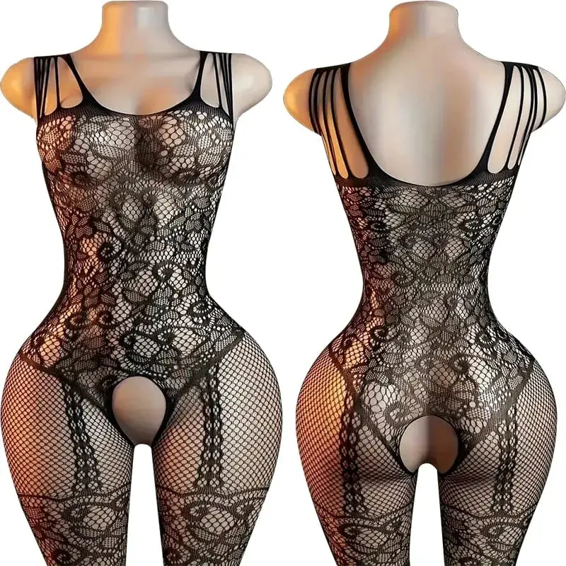 Black Fishnet Off-Shoulder Open-Crotch Bodystocking Lingerie Set Sexy Crotchless Teddy Bra Women's Erotic Underwear 2026