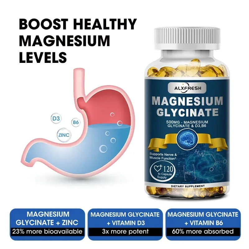 Alxfresh Magnesiumglycinat 500 mg Kapsel Zink Vitamin D3 B6 für Muskeln, Gelenke, Nerven, Schlafqualität, Angst, Stress, Stimmung, Gesundheit