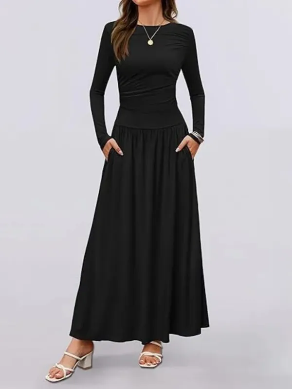 Autumn New Arrivals Women Long Sleeve Maxi Dress Comfortable Fit Ruched Detail Multi Color for Casual Everyday Wear