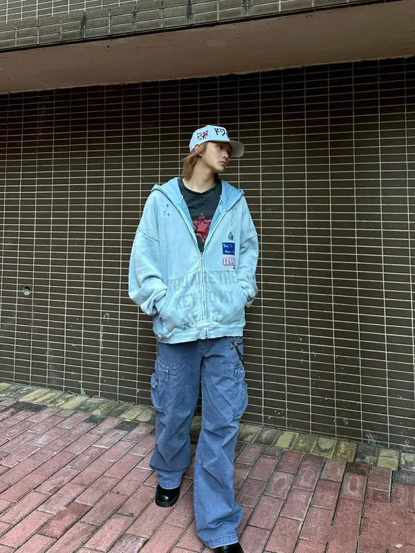 Light Blue PALY Letter Crystal Hoodie Ripped Washed Fashion Patch High Street Casual Men Women 1:1 Zipper Sweatshirts