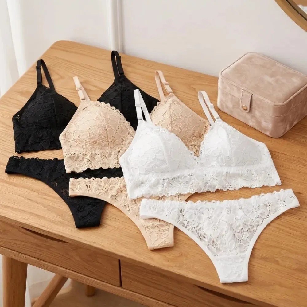 Kit de soutien-gorge en dentelle pour femmes, culotte florale, string, taille basse, Lingerie, cadeau de nuit romantique, sous-vêtements à col en V pour femmes