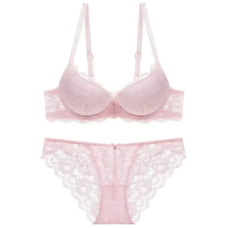Women's Sexy Push Up Floral Lace Lingerie Set Bowknot Bra & Panty Low Rise Underwear for Daily Wear