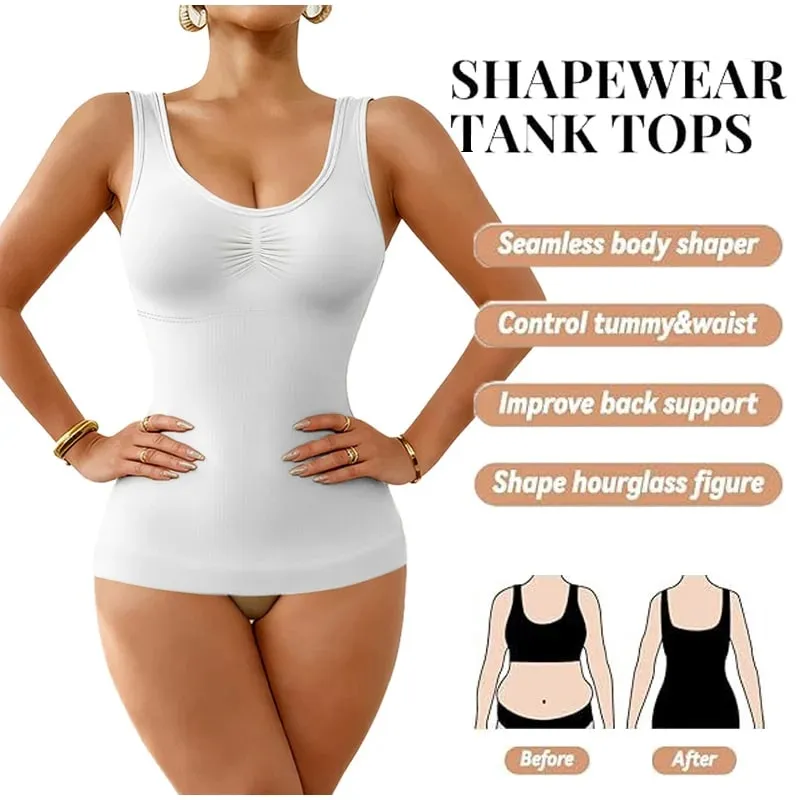 Women Tummy Control Shapewear Classic 2-IN-1 With Padded Bra High Elastic Vest Body Shaper Up Lift Corset Cami Tank Tops 3Colors