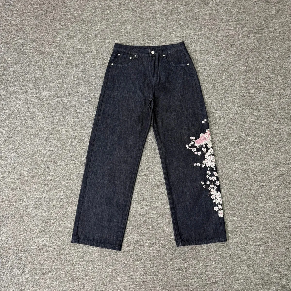High Street Flower koi Fish Embroidery Baggy Jeans Pants for Men and Women Pantalones Hombre Straight Denim Trousers Oversized