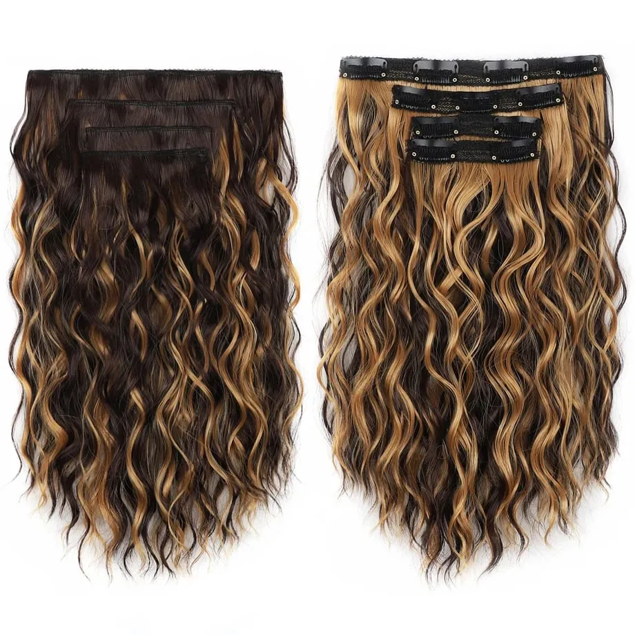 4Pcs Curly Clip in Hair Extension Synthetic Hair Mixed Color Silky Soft Natural Look Invisible Lace Weft Hairpieces for Women