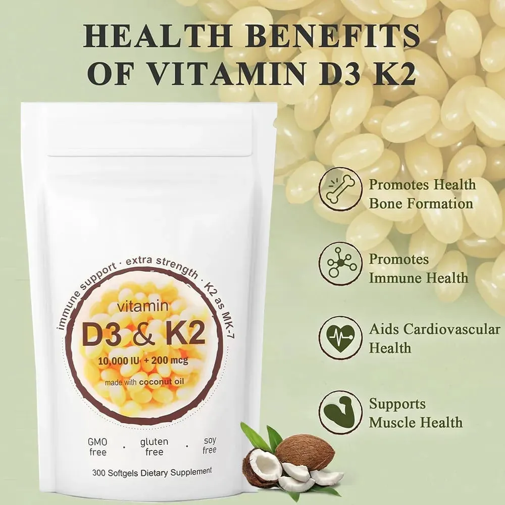Vitamin D3 10 000iu + K2 MK7 200mcg Softgels | 2-in-1 Complex with Coconut Oil | Supports Heart Bone Teeth & Immune Health