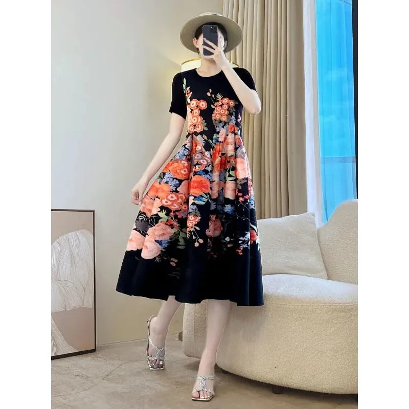Miyake Pleated Printed Dresses European American Fashion Simple Elegant Short Sleeve Lightweight Women's Bounce Flower Bud Dress