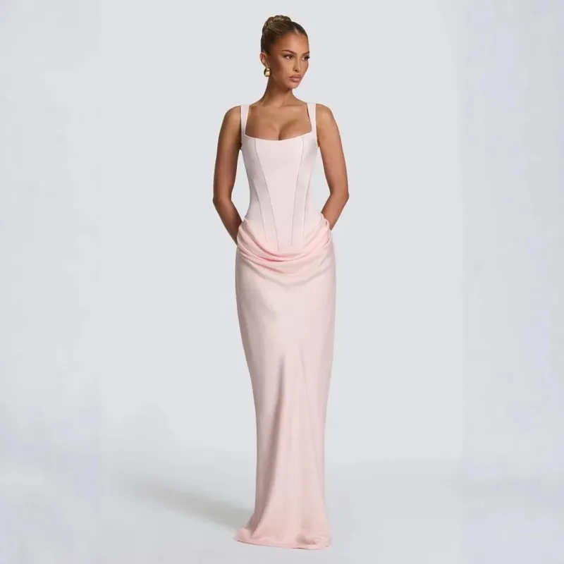 Ladies' formal square neck sleeveless waist cinching design with pleated fish tail long skirt for dinner party slimming dress