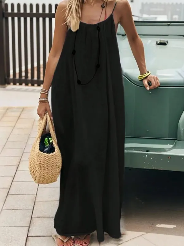 2026 Solid Color Vacation Cool Homewear Loose-Fit Spaghetti Strap Dress Women's Casual Homewear Summer Dress