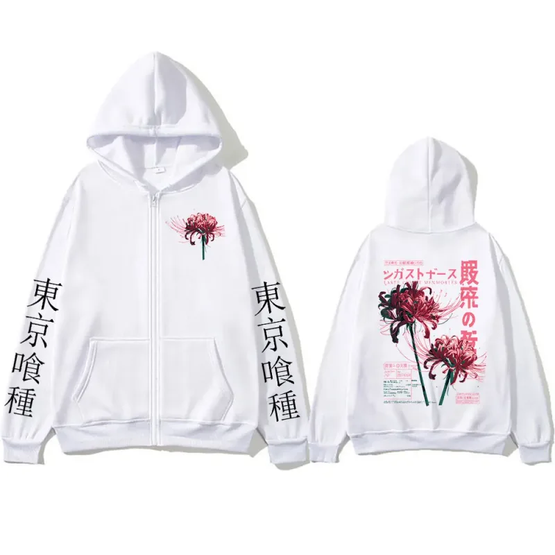 Anime Tokyo Ghoul Ken Kaneki Grunge Flower Japanese Spider Lily Zipper Hoodies Men's Zip Up Sweatshirts Long Sleeves Jacket Caot