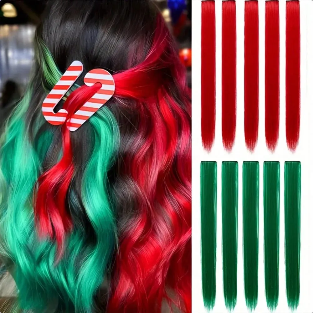 Synthetic 10Pcs Colored Party Highlights Clip in Hair Extensions for Girls Multi-colors Straight Hair Hairpieces for Daily Use