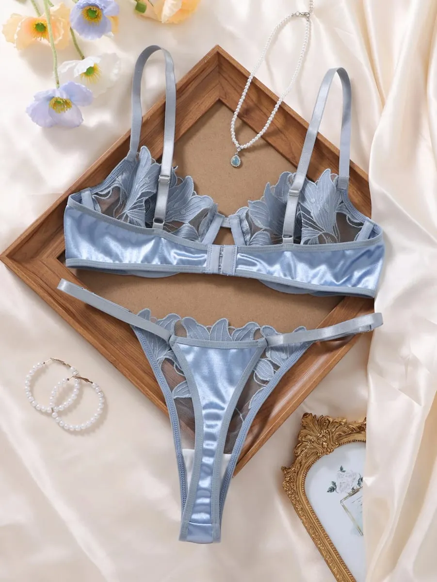 Light Blue Leaf Embroidery Lingerie Set Women Sheer Mesh Push Up Bra And Thong 2 Piece Sexy Transparent Lace Underwear ZA824031