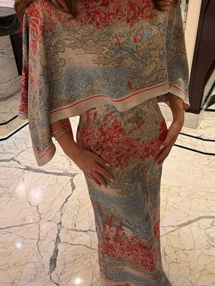 Vrouwen Tropische Bladprint Cape Tweedelige Set Batwing Losse Top Hoge Taille Maxi Jurk 2026 Zomer Mode Vakantie Casual Pak
