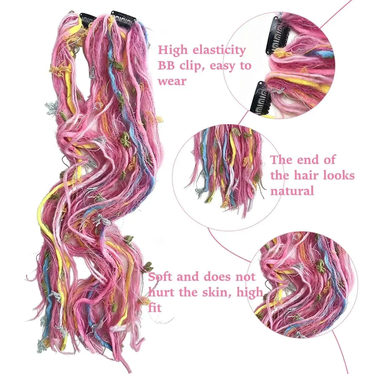 Synthetic Clip In Pastel Pink Macaron Faux Locs Hair Extensions Handmade Textured Straight With HairPieces For Women Daily Party