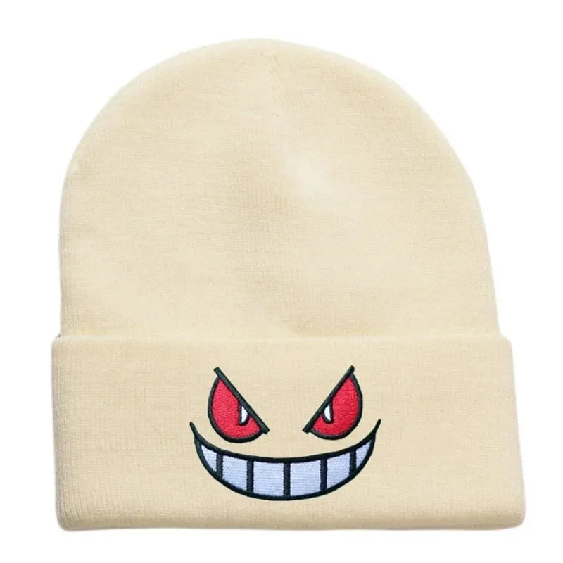 Pokemon Gengar Kartun Bordir Beanies Rajutan Skullies Musim Gugur Musim Dingin Topi Wol Hangat Gengar Wanita Pria Beanies