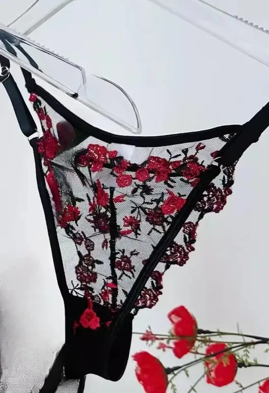 French Floral Bra Set Women | Sweet Sexy Sheer Mesh Lace Transparent Underwear Set | Practical & Feminine MOYISU Sexy Panty Set