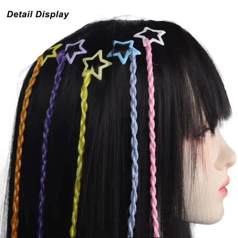 Rainbow Synthetic Braided Hair Pieces 5Pc Color Star Hair Clips DIY Hair Accessories For Halloween Birthday Music Festival Party