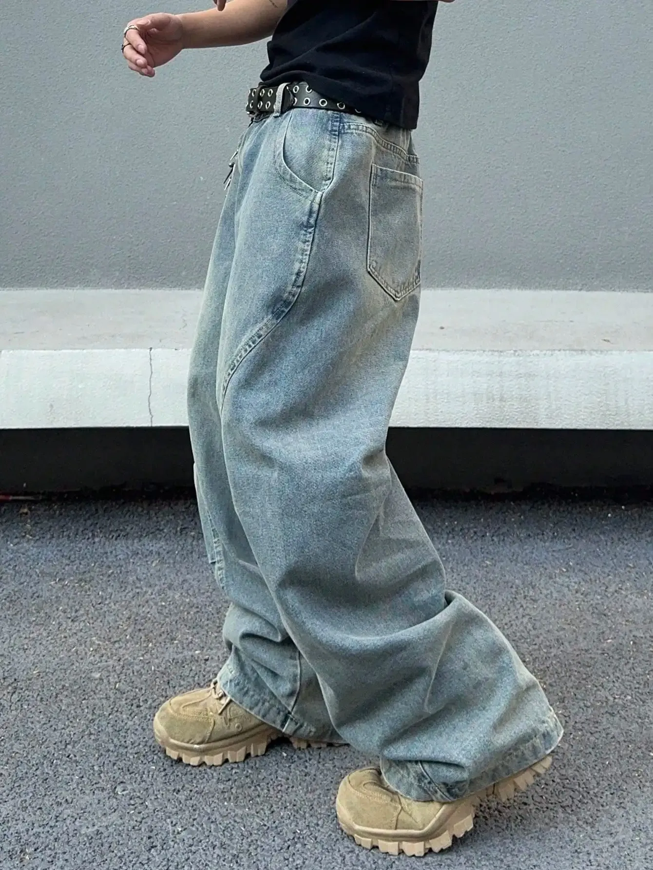 Vintage Men Washed Baggy Denim Jeans Stitched Panel Wide Leg Denim Pants Oversized Loose Hip Hop Streetwear Y2K Casual Trousers