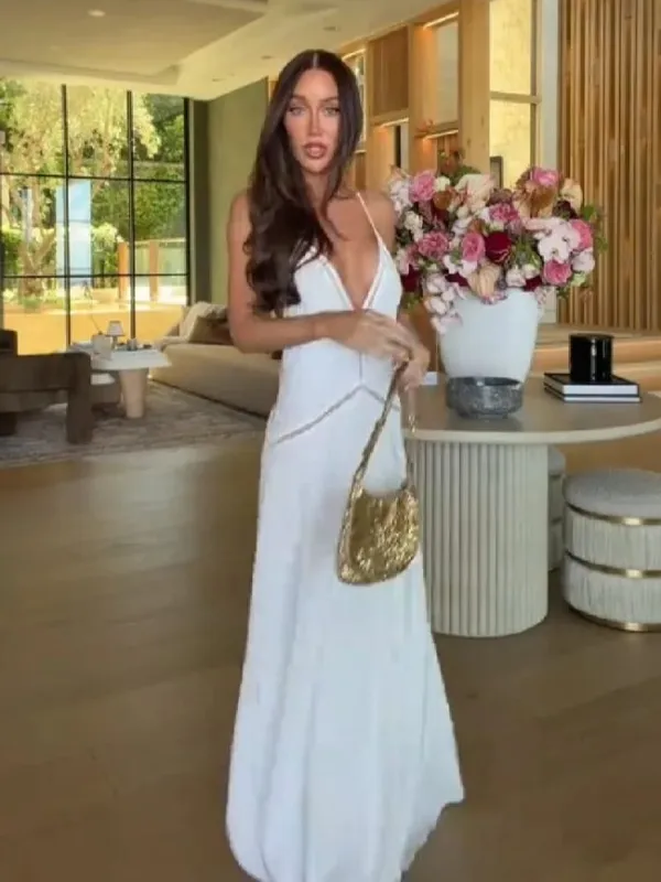 Elegant White Deep V Neck Spaghetti Strap Maxi Dress Women Waist Cutout A-Line Long Dress 2026 Summer Beach Vacation Party Robe