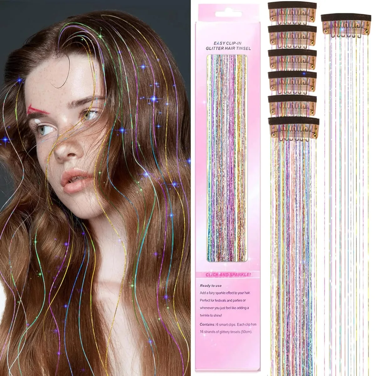 6Pcs Synthetic Hair Tinsel Clip in 19.6Inch Glitter Tinsel Hair Clip in Hair Tinsel Kit Heat Resistant Shiny Sparkle Fairy Hair