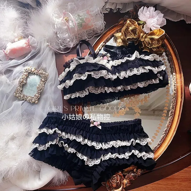 Vintage Cake Ruffles Lace Sweet Sexy Wire-free Women's Lingerie Sets