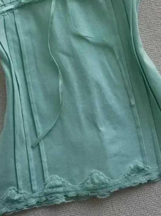 Women Retro Y2K Fairy Cami Tank Top Spaghetti Strap Mint Green Lace Bow Slim‑Fit Coquette Aesthetic Summer Casual Party Tops