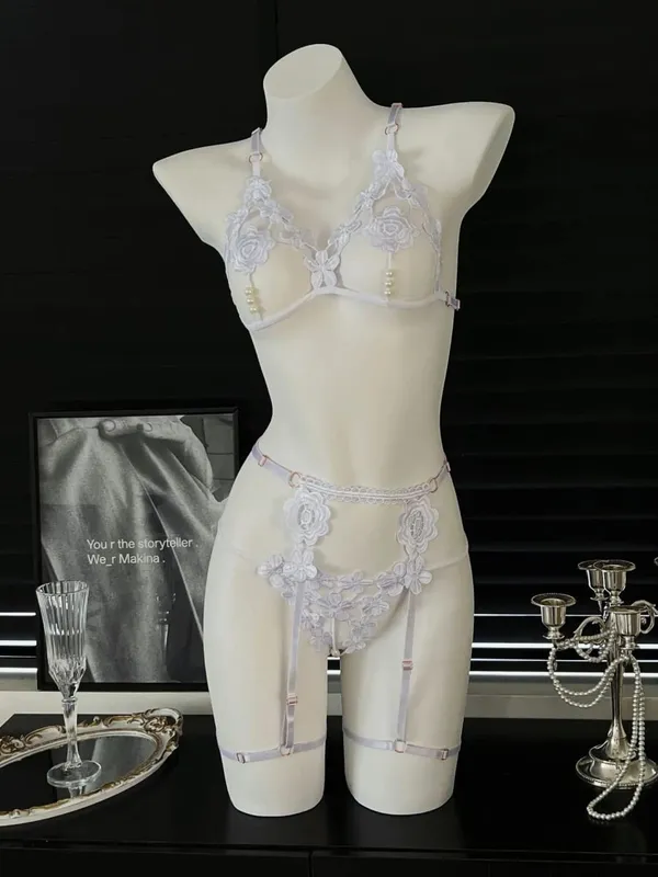 3Pcs/Set Pearl Sexy Bra Set Women Bralette Girls Pearl Underwear Thong Erotic Open Sleepwear Transparent Bras Lingerie Sets