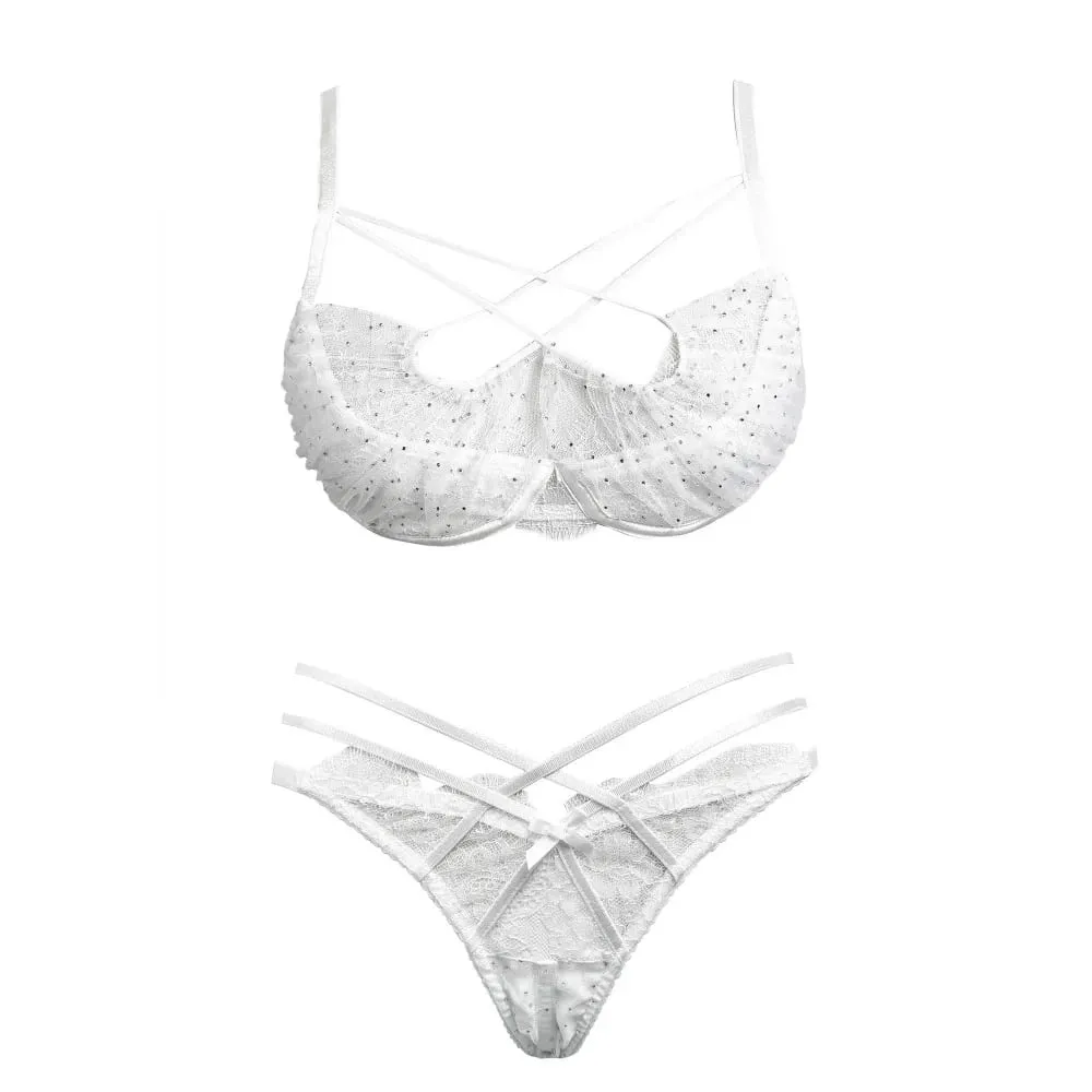 Hot Sale Summer Lace Embroidery Cross Tie Lingerie Set Sheer Mesh Push Up Bra Comfort Daily Wear Underwear Set for Women 32-38