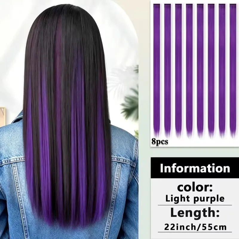 22Inch Synthetic 8pcs Long Straight Clip-In Hair Extension Highlights Multi-Color Rainbow Hairpiece for Women Daily Praty Use