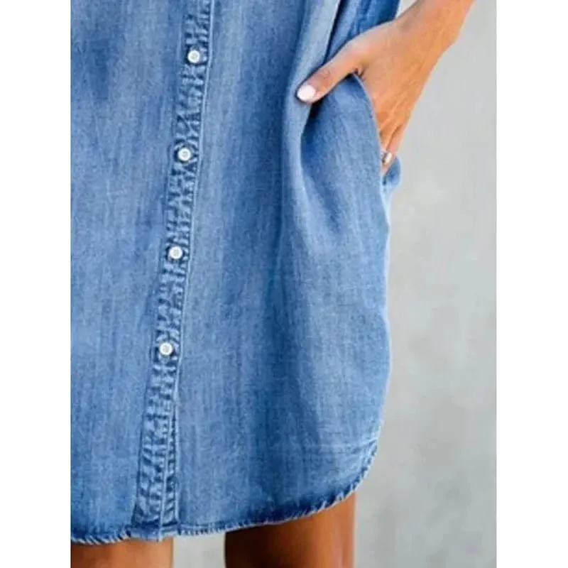 Zomer Nieuwe Single Breasted Denim Shirt Jurk Dames Casual Losse Zak Eenvoudige Retro Commuter Vrouwelijke Kantoor Denim Korte Rok