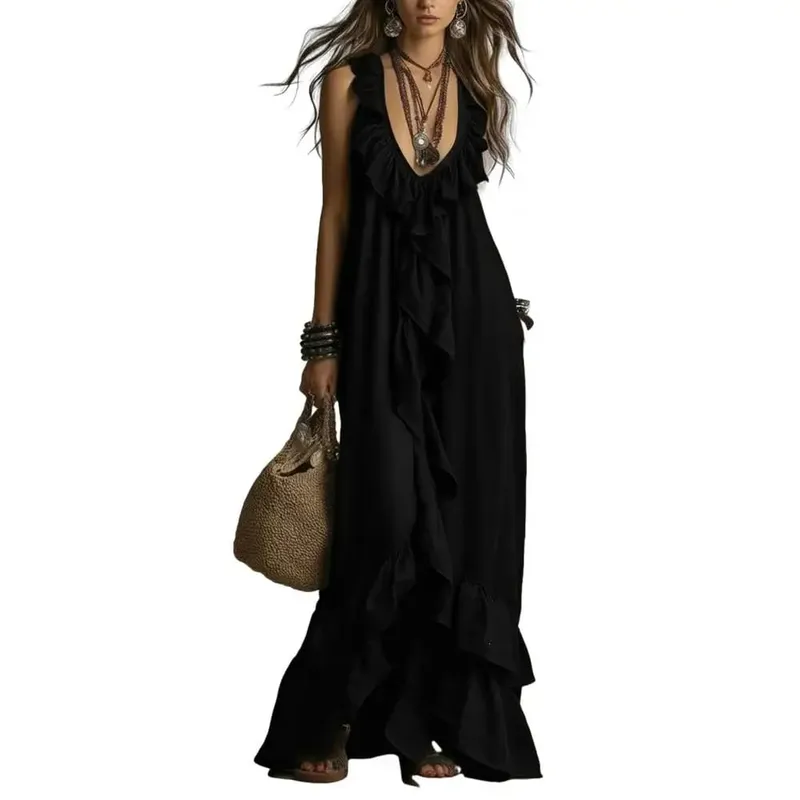 Boho Deep V Neck Sleeveless Dress Women Ruffle Swing Maxi Dress Summer Loose Solid Color Long Dresses