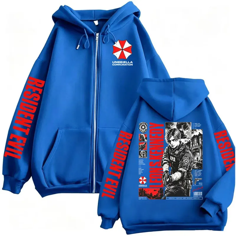 Vintage Gaming Resident Evil Leon Kennedy Zipper Hoodies Men's Fashion Classic Gothic Sweatshirts Jacket Bodywarmer Zip Up Coats