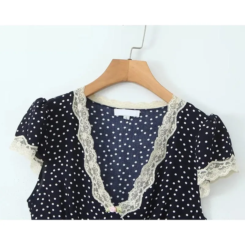 2025 vestido largo de lunares azul marino para mujer, vestido largo con ribete de encaje y cuello en V, manga corta, corte en A, vestidos elegantes para vacaciones, vestido Maxi de verano