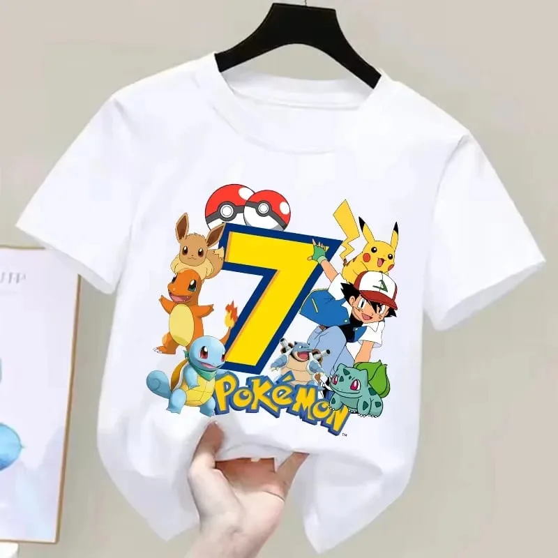 2026 Pokemons Pikachu Kids T Shirts Birthday Number 1-9 Printed T Shirt Boys Girls Summer Short Sleeves Tops Children Clothing