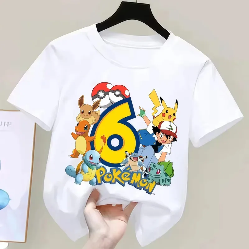 2026 Pikachu Kids Children T Shirts Birthday Number 1-9 Printed T Shirt Boys Girls Summer Short Sleeves Tops Children Clothing