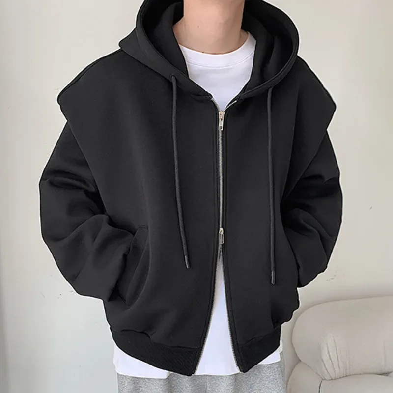 Autumn New Padded Shoulder Design Solid Streetwear Men Double Zip-up Hooded Sweatshirts Harajuku Casual Daily Hoodies