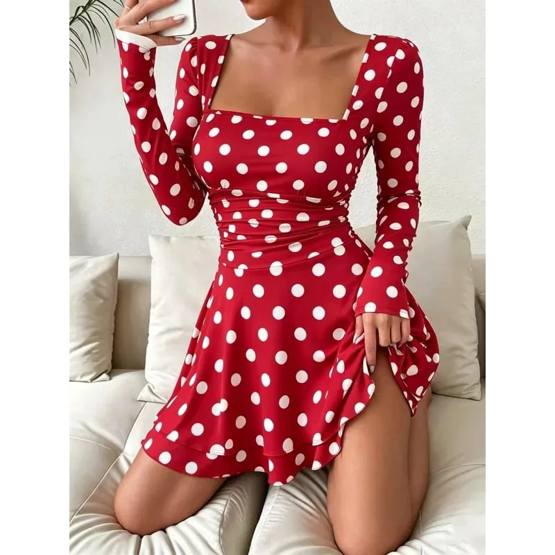 Women's Autumn Polka Dot Print Square Neck Long Sleeve Dress Waist Cinched A-Line Mini Skirt Sexy Fashionable Length