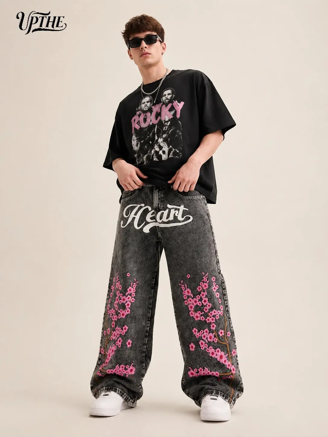 UP.THE Men Baggy Wide Leg Jeans Vintage Washed Black Gray Denim Pants Y2K Loose Cherry Blossom Embroidery Heart Letter Print Streetwear Jeans for Daily Hip Hop Casual Outfits
