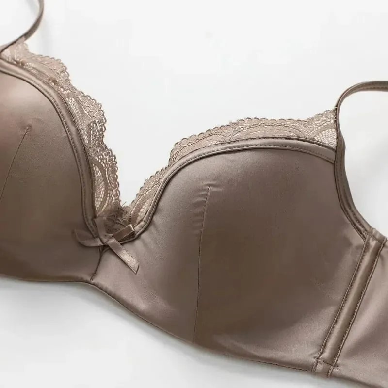 Women's Thin Smooth Satin Bra & Briefs Set Summer Solid Lace Decor Anti Sagging Lingerie Bra Sweet Underwear Suit Нижнее Белье