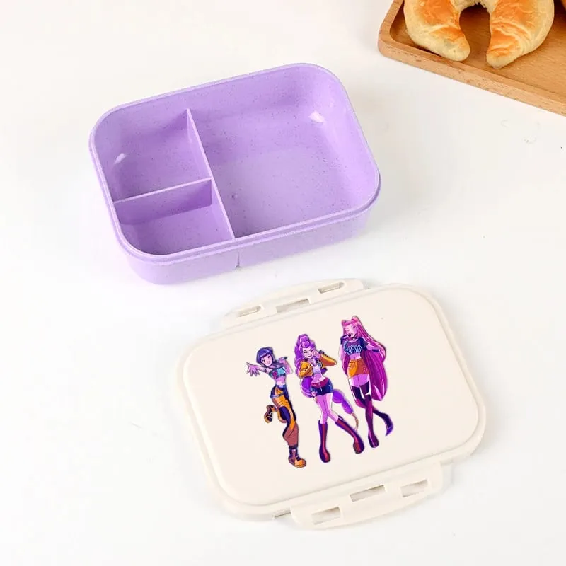 Demon Hunters Lunch Box para sa Boy Girl Cute Mira Zoey Jinu Portable Plastic Bento Box na may Dinnerware Food Fruit Container