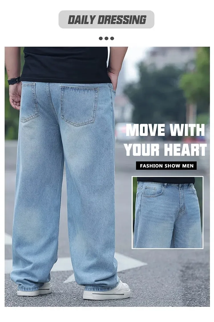 Plus Size Men's High Waist Straight Leg Jeans Four Seasons Loose Baggy Denim Trousers Casual Versatile Long Pants New