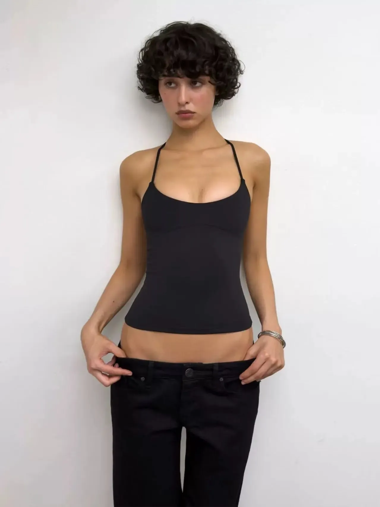 Tank Low-Cut Fitted Vest with Wrap-Around Shoulder Straps Embossed Beaded Stretch Knit Tank Top