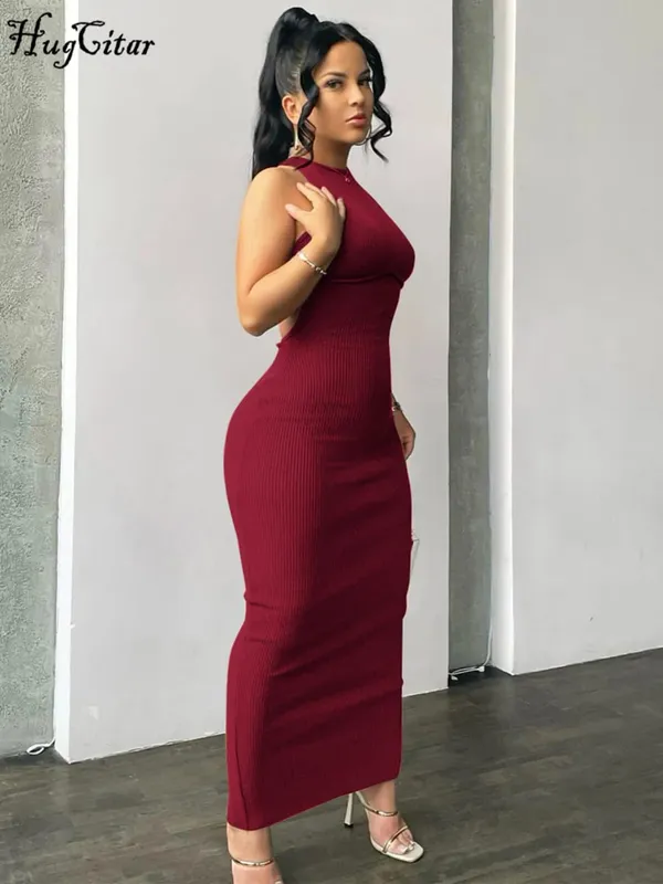 Hugcitar bordázott tömör üreges háttámla ujjatlan szexi hasított miniruha Bodycon 2025 tavaszi női ruhák elegáns buli Y2K
