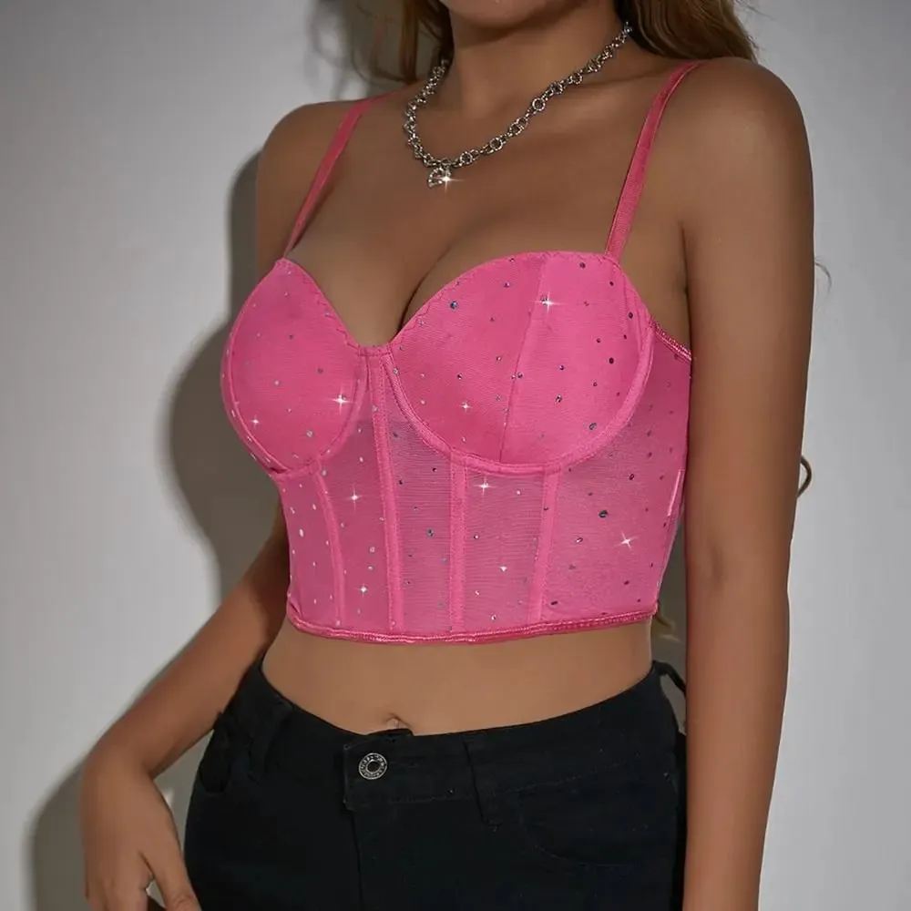 Fashion Black Mesh Crop Top Crystal Hollow Out Sexy Tank Top Camisole Sleeveless Women Short T-shirt Girls