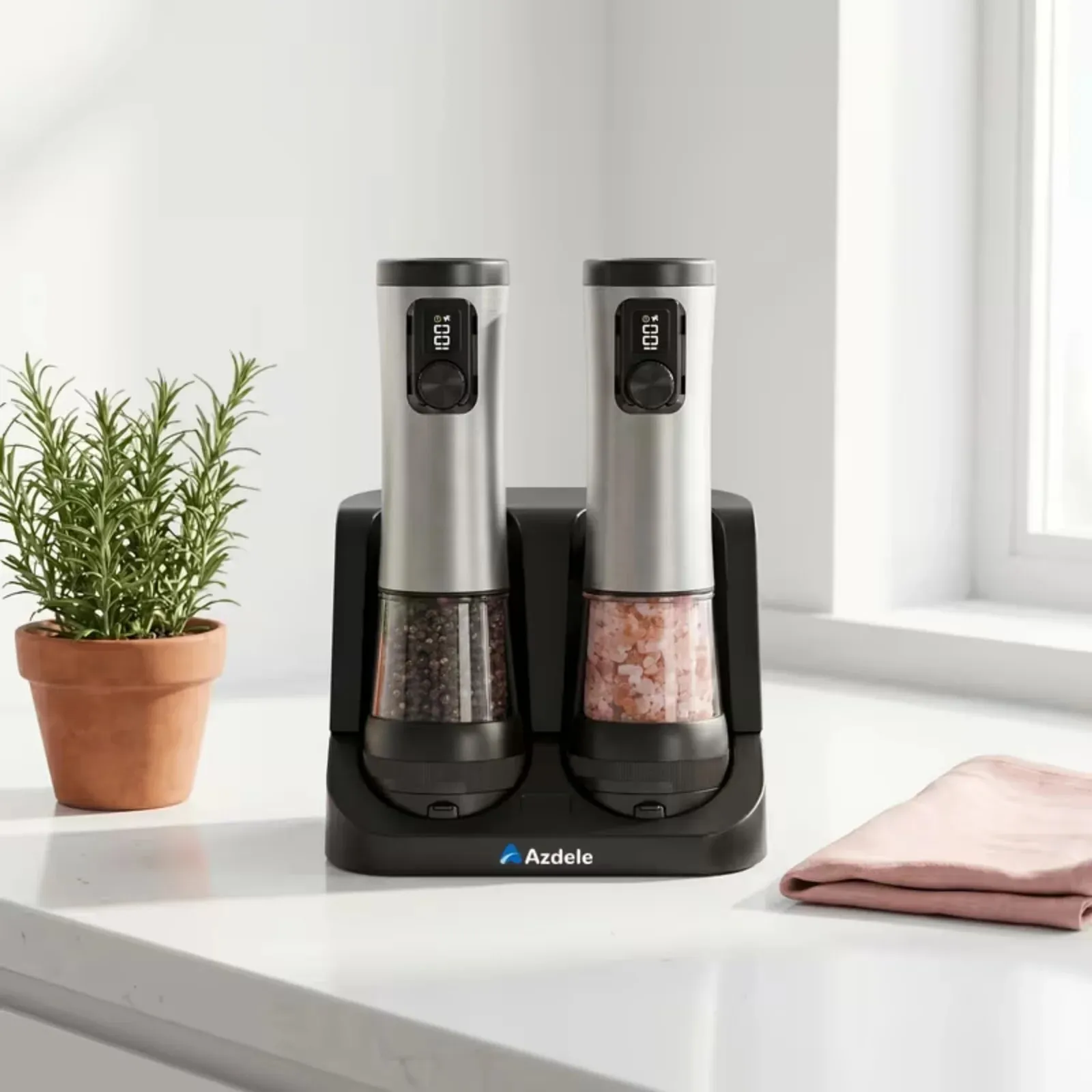 Electric Salt And Pepper Grinder Set Dual-Speed Adjustment Stainless Steel Rechargeable Automatic Pepper Grinder Jar With USB Charging Base Large 3.38 Ounce Capacity External Adjustable Coarseness LED Light.