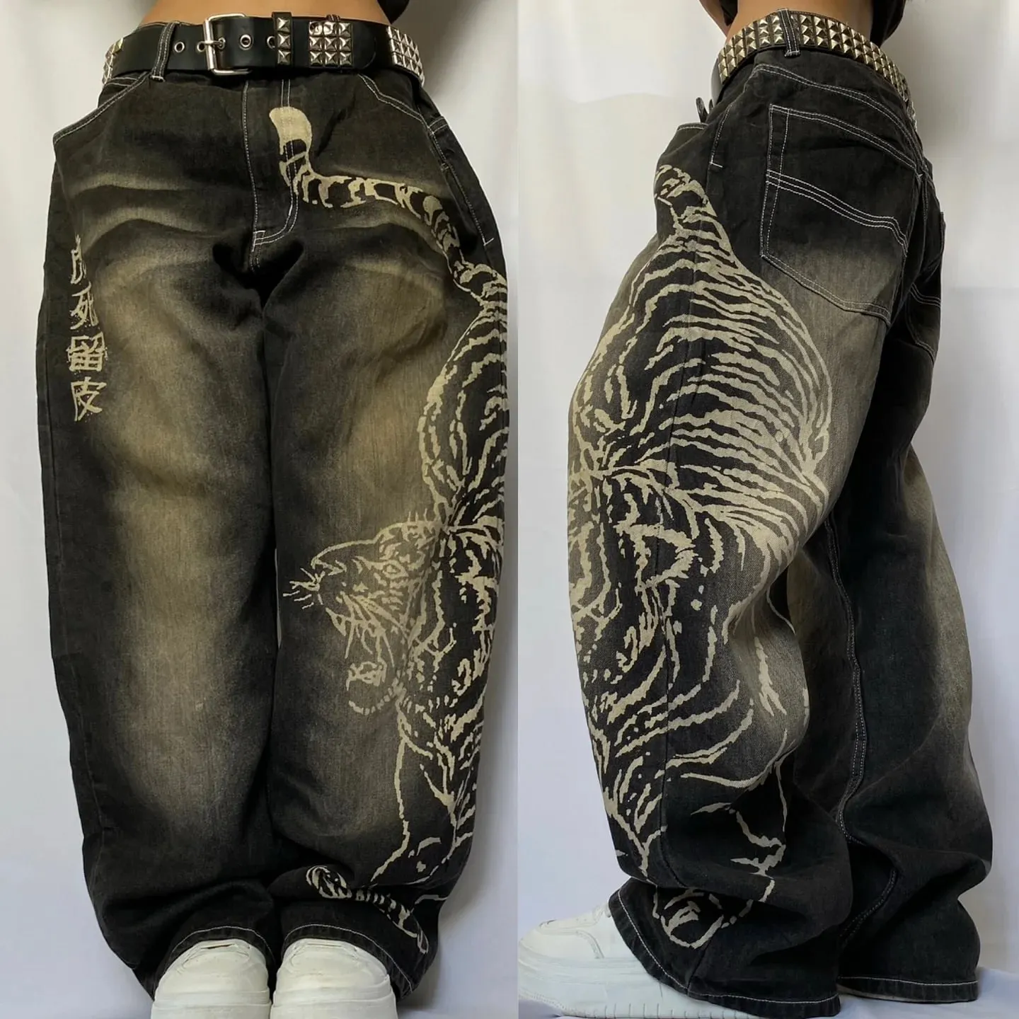 Unisex White Red Tribal Flame Print Loose Wide Leg Jeans Y2K Grunge Streetwear Oversized Denim Pants