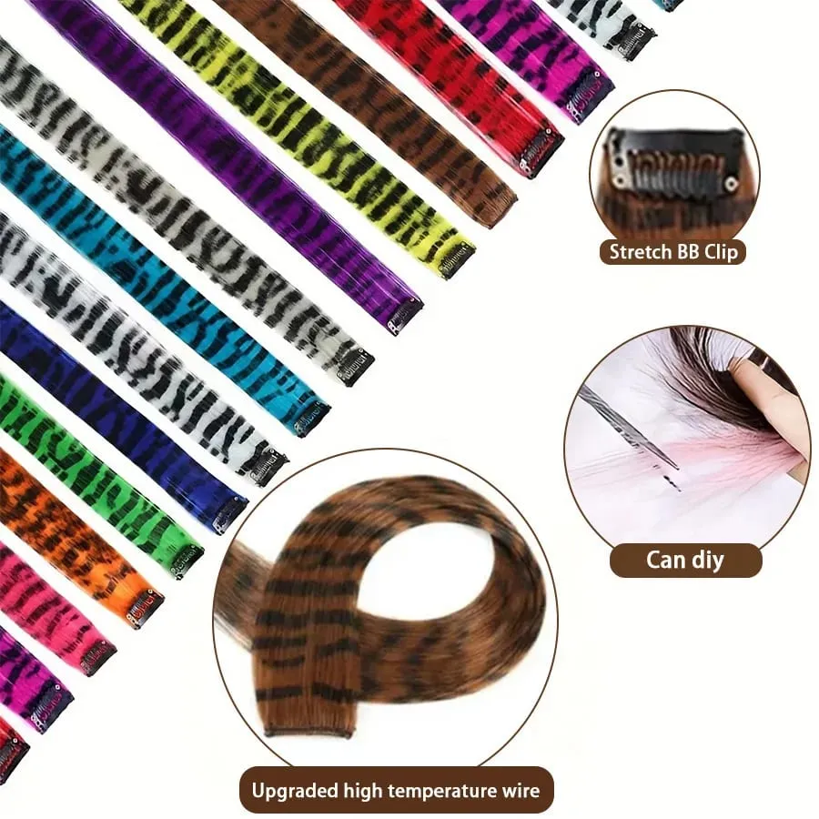 Stripe Printed Clip in Hair Extensions Colorful Synthetic Hair Highlights 18 Inches Straight Wig Hairpieces for Daily Use Party