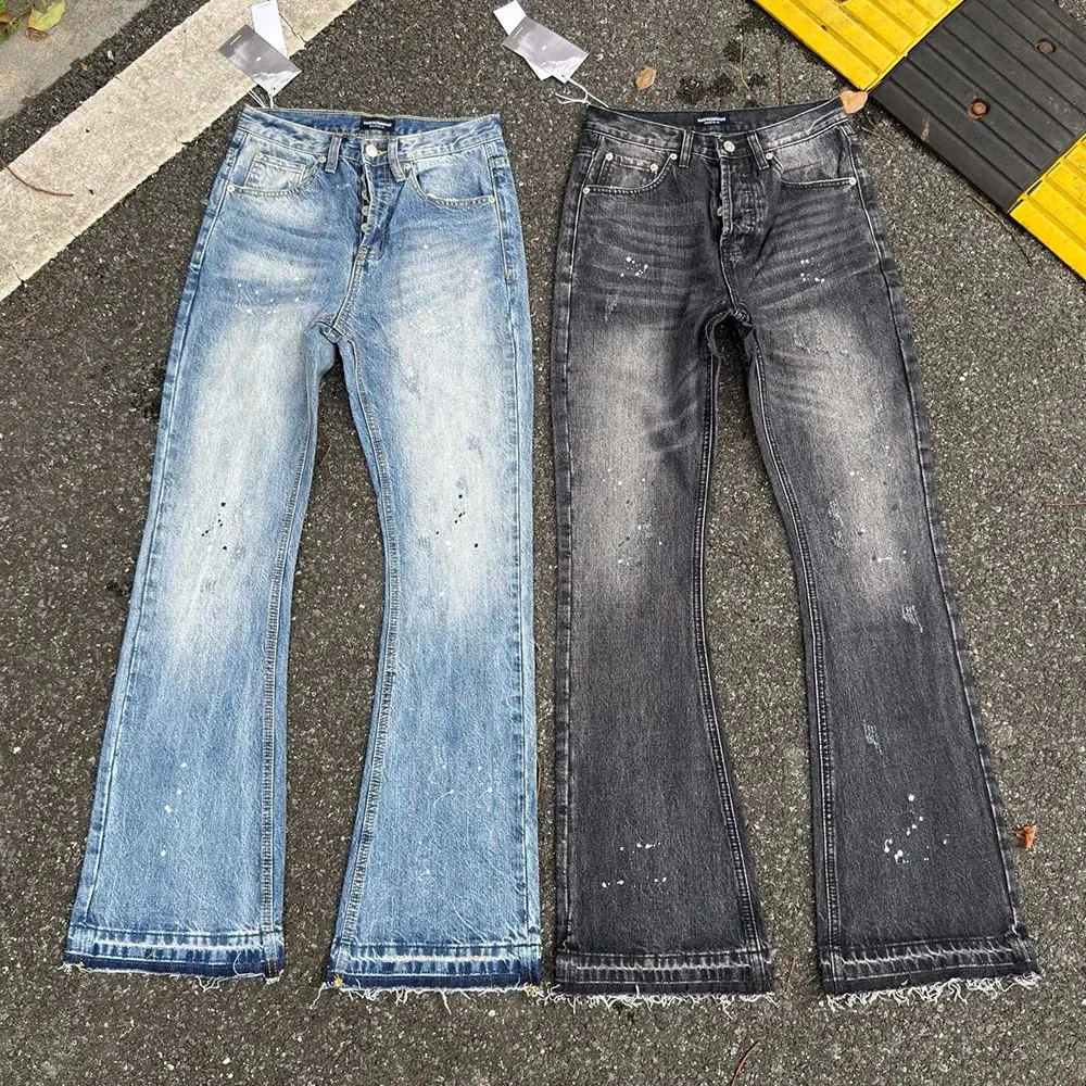 Schwere wassergewaschene Retro-Jeans mit blauen Tintenspritzern und Micro-Flare-Jeans, gerade Baggy-Jeans für Herren und Damen, Boot-Cut